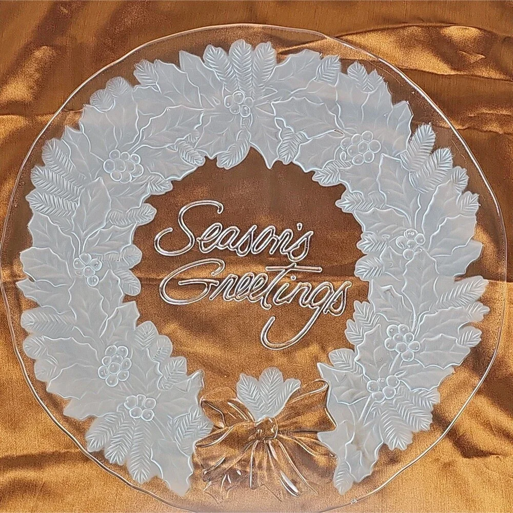 Home Interiors Glass Christmas Platter Frosted Seasons Greetings Wreath 13 in